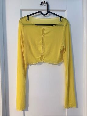 Yellow Cutout Long-Sleeve Mesh Crop Top
